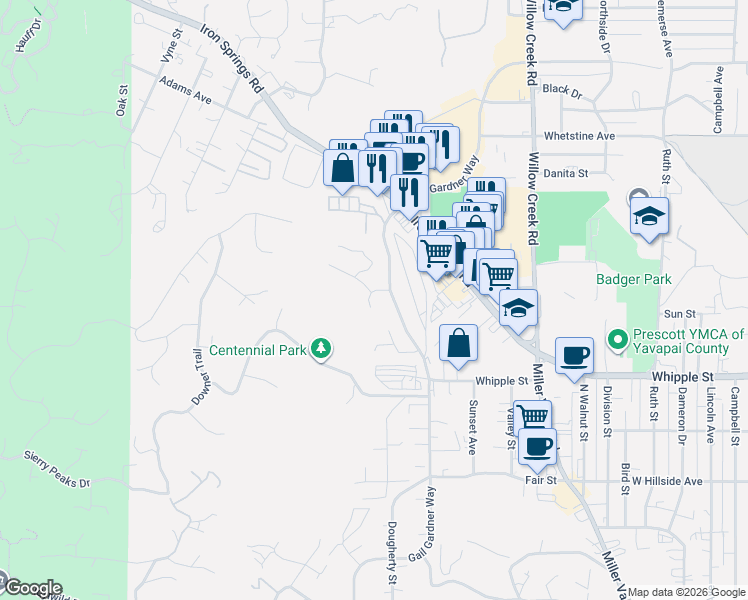 map of restaurants, bars, coffee shops, grocery stores, and more near 1003 Wagon Trail in Prescott
