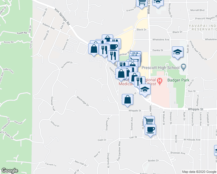 map of restaurants, bars, coffee shops, grocery stores, and more near 927 Gail Gardner Way in Prescott