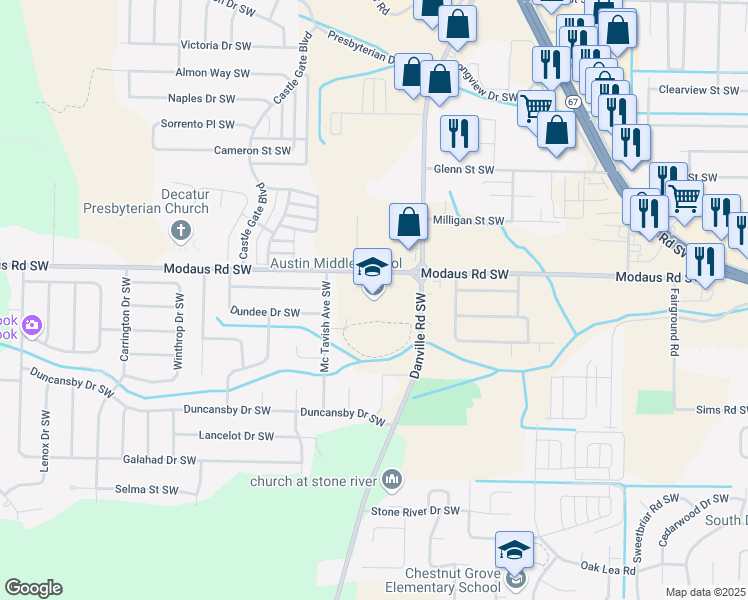 map of restaurants, bars, coffee shops, grocery stores, and more near 2715 Danville Road Southwest in Decatur