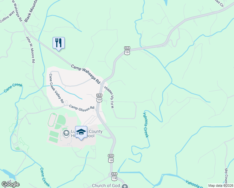 map of restaurants, bars, coffee shops, grocery stores, and more near 55 North Hidden Valley Trail in Dahlonega