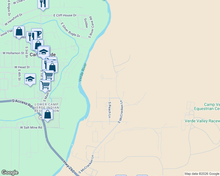 map of restaurants, bars, coffee shops, grocery stores, and more near 686 South McCracken Lane in Camp Verde