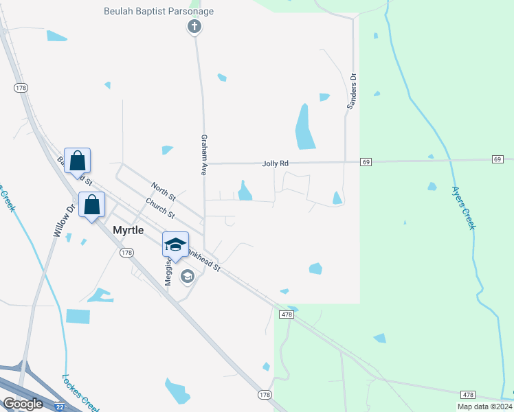 map of restaurants, bars, coffee shops, grocery stores, and more near 1005 Ellis Street in Myrtle