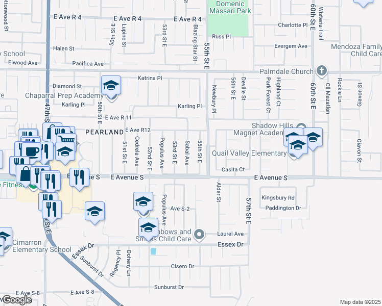 map of restaurants, bars, coffee shops, grocery stores, and more near 37304 Sabal Avenue in Palmdale