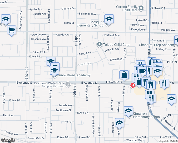 map of restaurants, bars, coffee shops, grocery stores, and more near 37264 Springfield Street in Palmdale