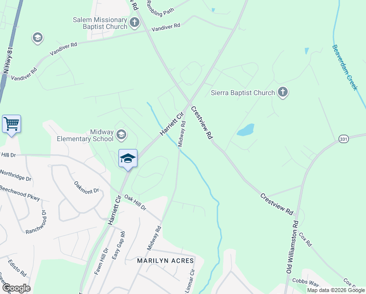 map of restaurants, bars, coffee shops, grocery stores, and more near 3210 Midway Road in Anderson