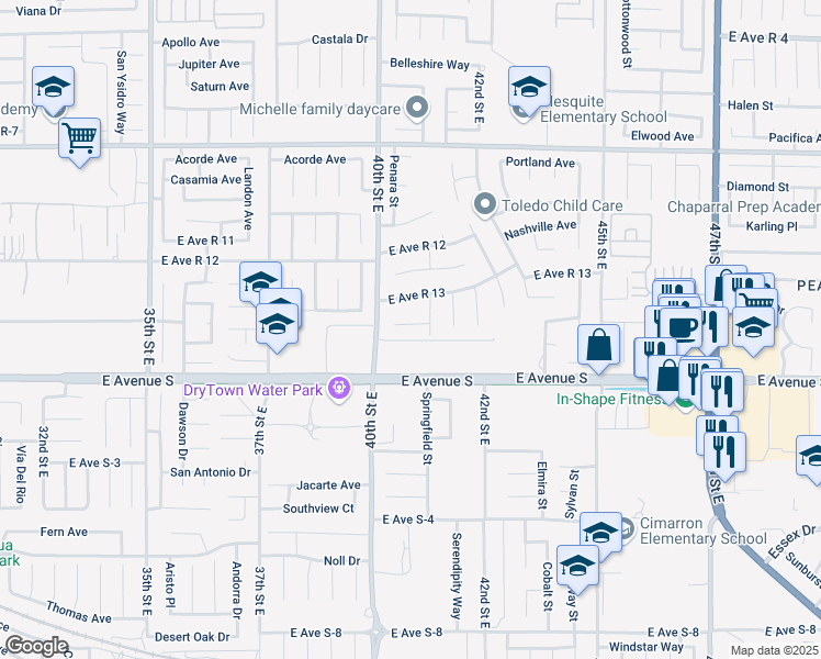 map of restaurants, bars, coffee shops, grocery stores, and more near 4025 Kona Court in Palmdale