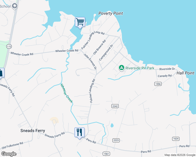 map of restaurants, bars, coffee shops, grocery stores, and more near 228 Fulcher Landing Road in Sneads Ferry