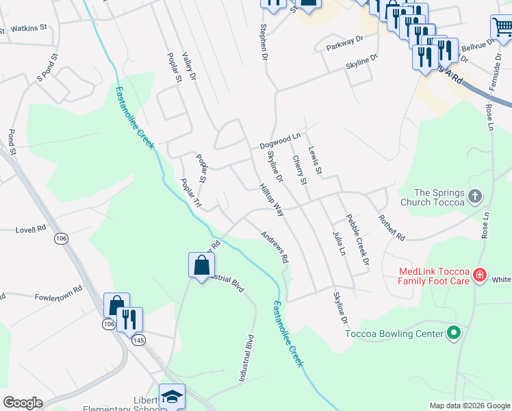 map of restaurants, bars, coffee shops, grocery stores, and more near 771 Collier Road in Toccoa