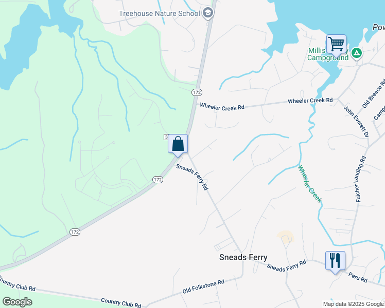 map of restaurants, bars, coffee shops, grocery stores, and more near 2205 Sneads Ferry Road in Sneads Ferry