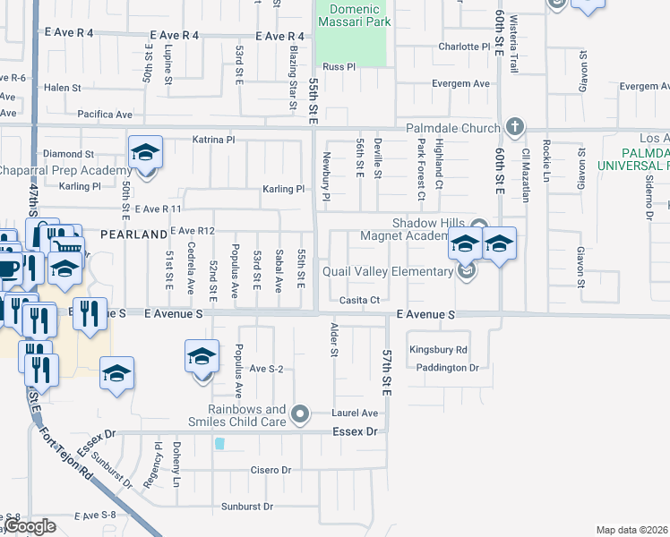 map of restaurants, bars, coffee shops, grocery stores, and more near 37310 Newbury Place in Palmdale