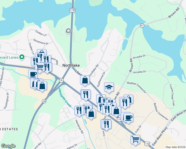 map of restaurants, bars, coffee shops, grocery stores, and more near 300 Woodlake Road in Anderson