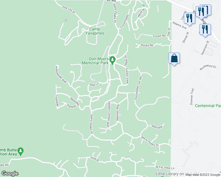 map of restaurants, bars, coffee shops, grocery stores, and more near 1423 Sierry Peaks Drive in Prescott