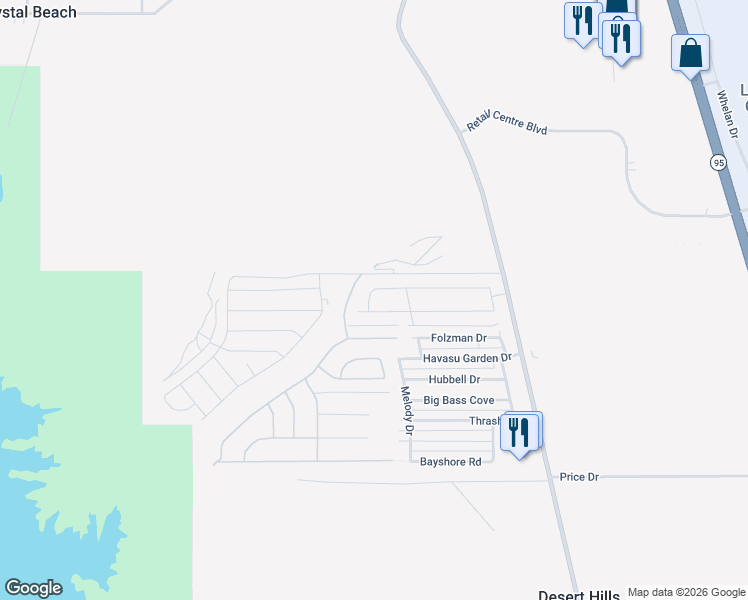 map of restaurants, bars, coffee shops, grocery stores, and more near 1788 East Savannah Bend in Lake Havasu City