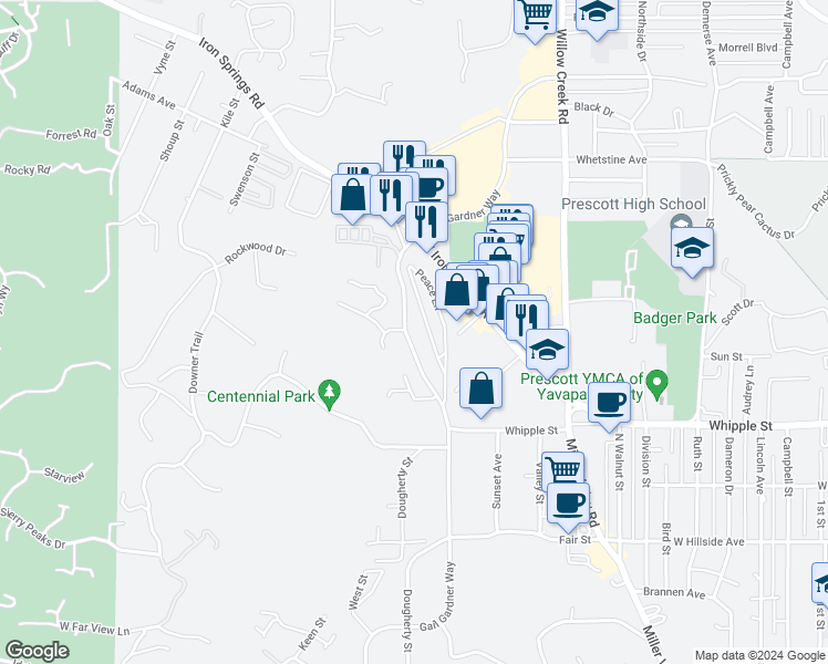 map of restaurants, bars, coffee shops, grocery stores, and more near 935 Gail Gardner Way in Prescott