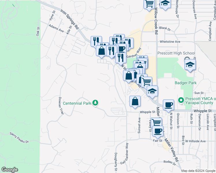 map of restaurants, bars, coffee shops, grocery stores, and more near 1003 Wagon Trail in Prescott