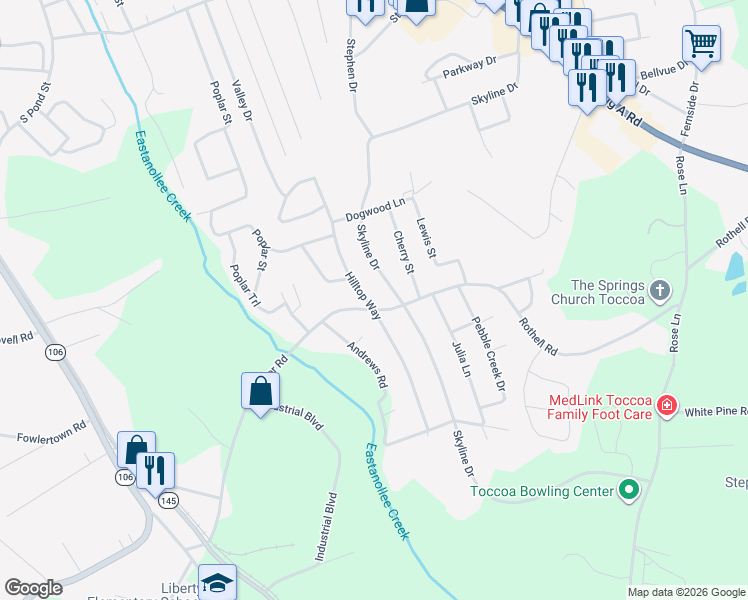 map of restaurants, bars, coffee shops, grocery stores, and more near 387 Hilltop Lane in Toccoa