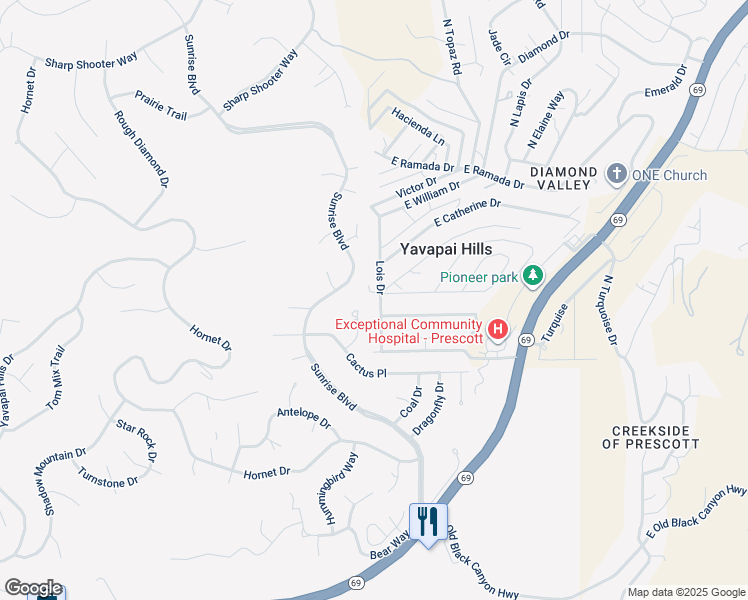map of restaurants, bars, coffee shops, grocery stores, and more near 1120 Lois Drive in Prescott