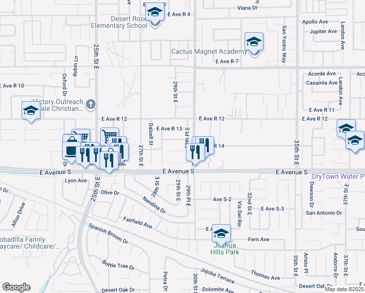map of restaurants, bars, coffee shops, grocery stores, and more near 2847 East Avenue R-15 in Palmdale