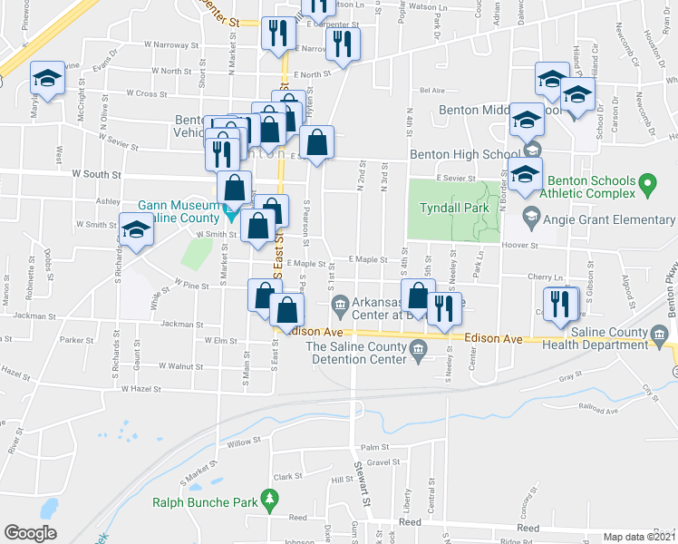 map of restaurants, bars, coffee shops, grocery stores, and more near 414 South 1st Street in Benton