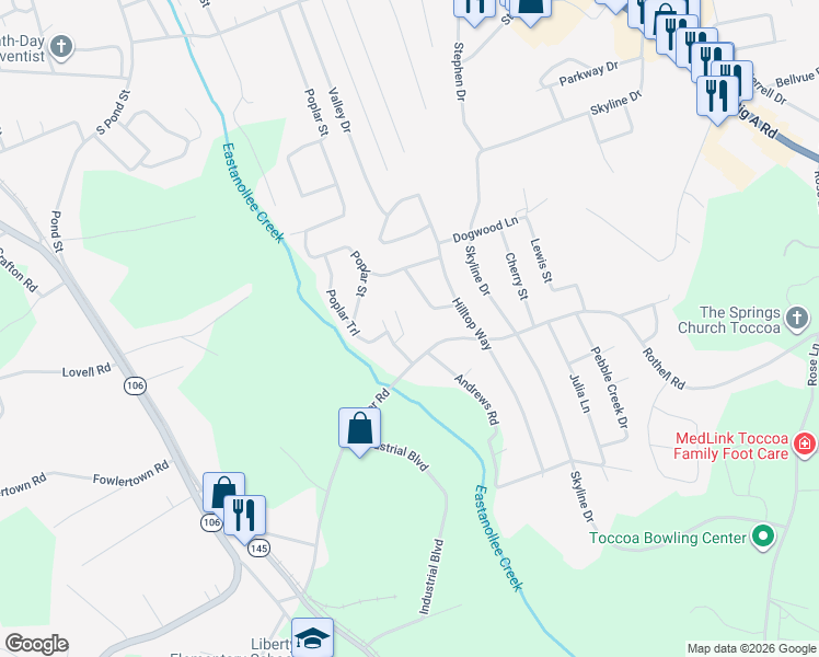 map of restaurants, bars, coffee shops, grocery stores, and more near 28 Poplar Court in Toccoa