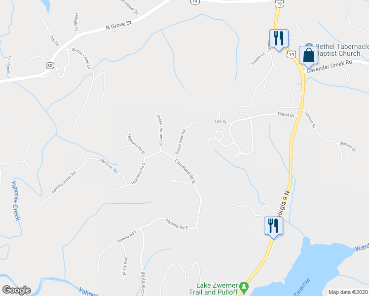 map of restaurants, bars, coffee shops, grocery stores, and more near 76 Grand View Street in Dahlonega