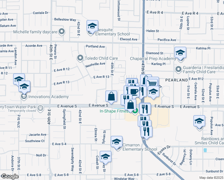 map of restaurants, bars, coffee shops, grocery stores, and more near 45th Street East in Palmdale