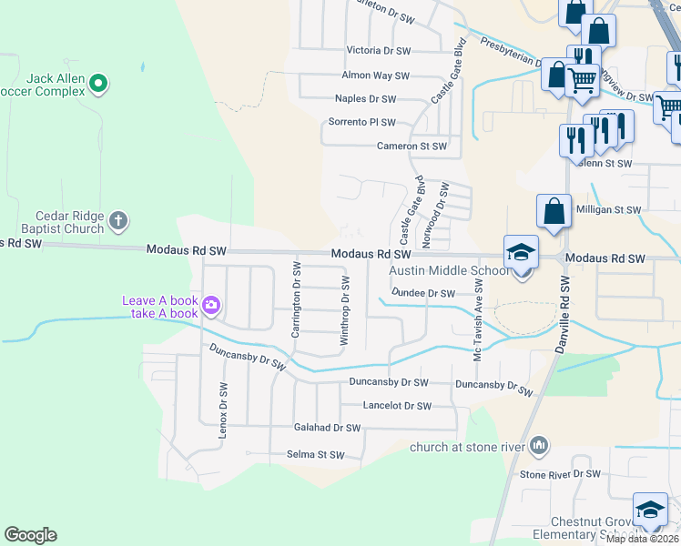 map of restaurants, bars, coffee shops, grocery stores, and more near 2301 Winthrop Drive Southwest in Decatur