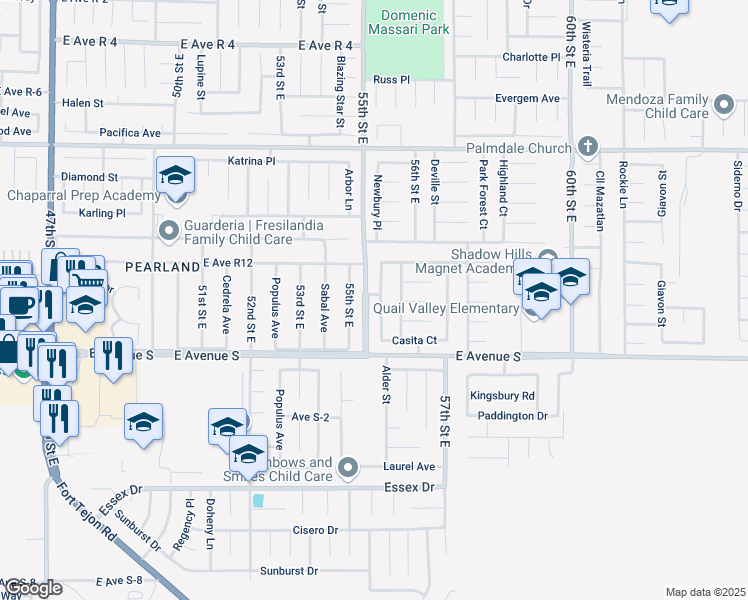 map of restaurants, bars, coffee shops, grocery stores, and more near 37316 55th Street East in Palmdale