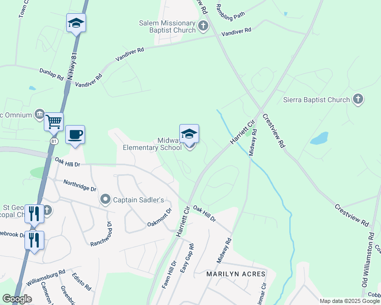map of restaurants, bars, coffee shops, grocery stores, and more near 1221 Harriett Circle in Anderson
