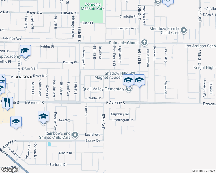 map of restaurants, bars, coffee shops, grocery stores, and more near 37317 57th Street East in Palmdale