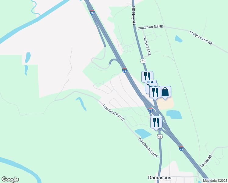 map of restaurants, bars, coffee shops, grocery stores, and more near 104 Chance Drive in Calhoun