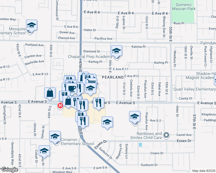map of restaurants, bars, coffee shops, grocery stores, and more near 37316 Festival Court in Palmdale