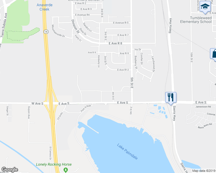 map of restaurants, bars, coffee shops, grocery stores, and more near 343 East Avenue South in Palmdale