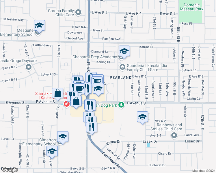 map of restaurants, bars, coffee shops, grocery stores, and more near 37320 Carousel Circle in Palmdale