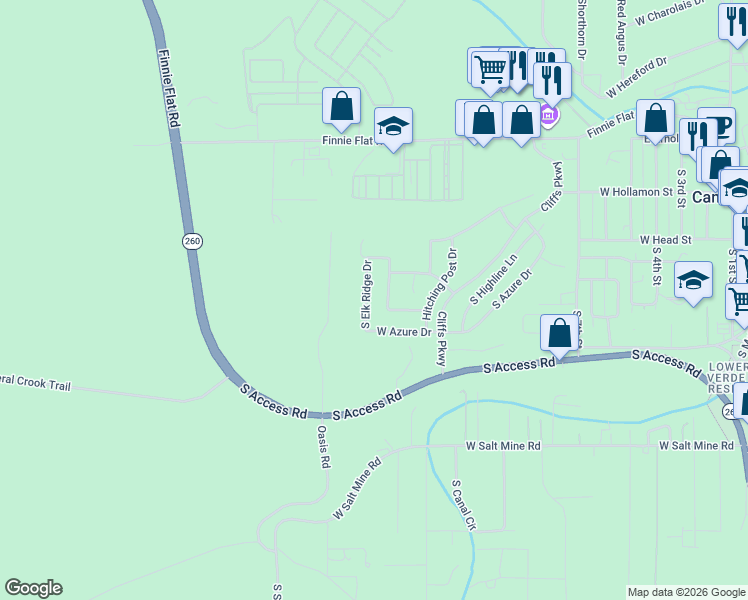 map of restaurants, bars, coffee shops, grocery stores, and more near 638 S Elk Ridge Dr in Camp Verde
