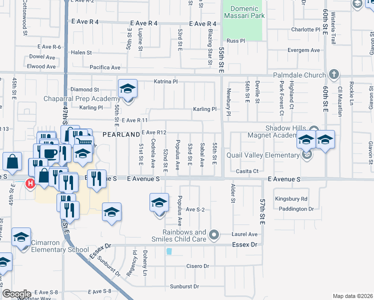 map of restaurants, bars, coffee shops, grocery stores, and more near 37317 53rd Street East in Palmdale