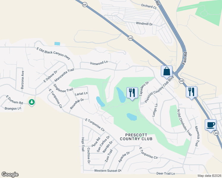 map of restaurants, bars, coffee shops, grocery stores, and more near 1195 Buena Vista East in Yavapai County