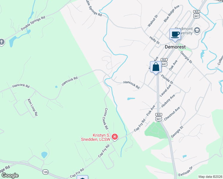 map of restaurants, bars, coffee shops, grocery stores, and more near 510 Cross Creek Road in Demorest