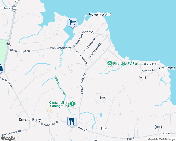 map of restaurants, bars, coffee shops, grocery stores, and more near 228 Fulcher Landing Road in Sneads Ferry