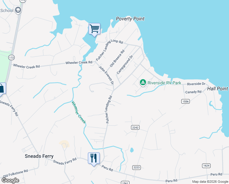 map of restaurants, bars, coffee shops, grocery stores, and more near 228 Fulcher Landing Road in Sneads Ferry