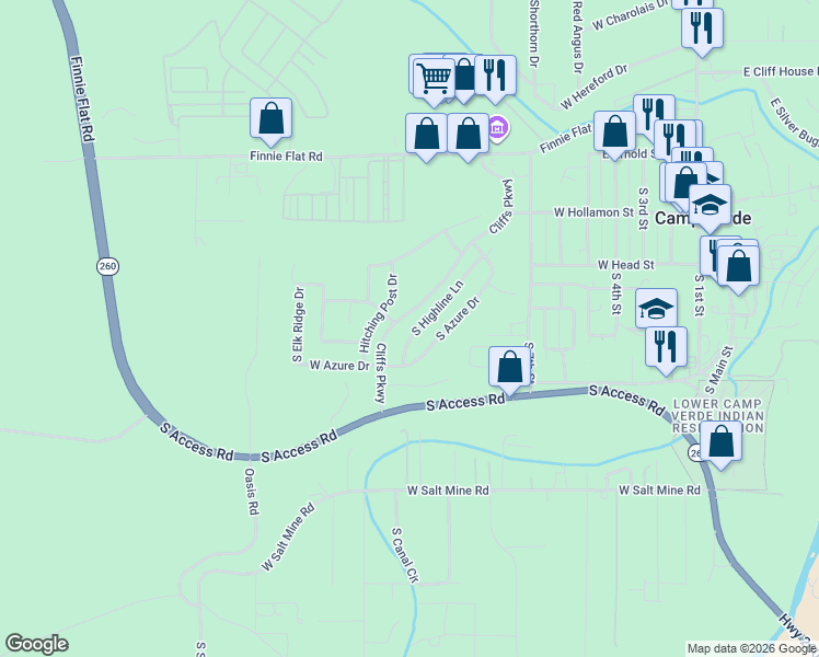 map of restaurants, bars, coffee shops, grocery stores, and more near 658 South Highline Lane in Camp Verde