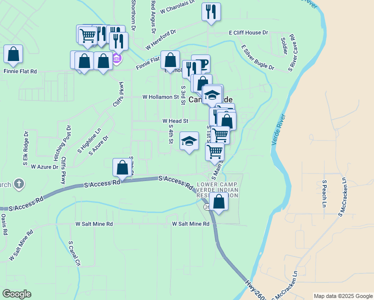 map of restaurants, bars, coffee shops, grocery stores, and more near 142 Sunland Drive in Camp Verde