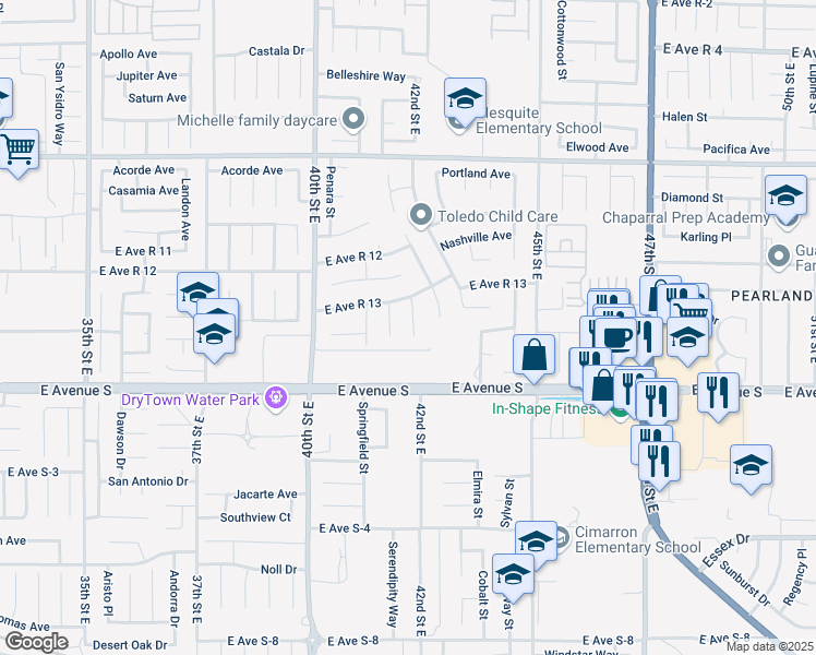 map of restaurants, bars, coffee shops, grocery stores, and more near 37315 Tampa Court in Palmdale