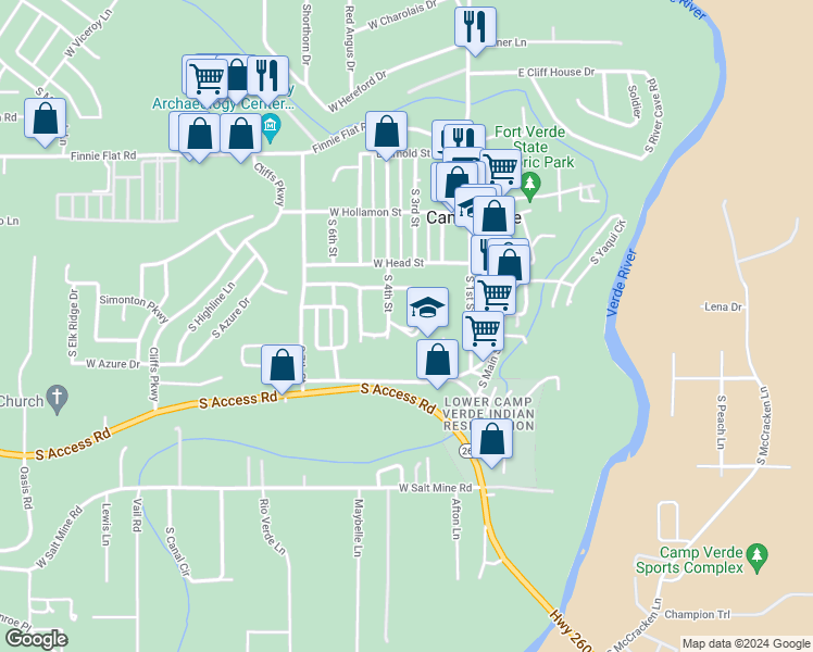 map of restaurants, bars, coffee shops, grocery stores, and more near 142 Sunland Drive in Camp Verde