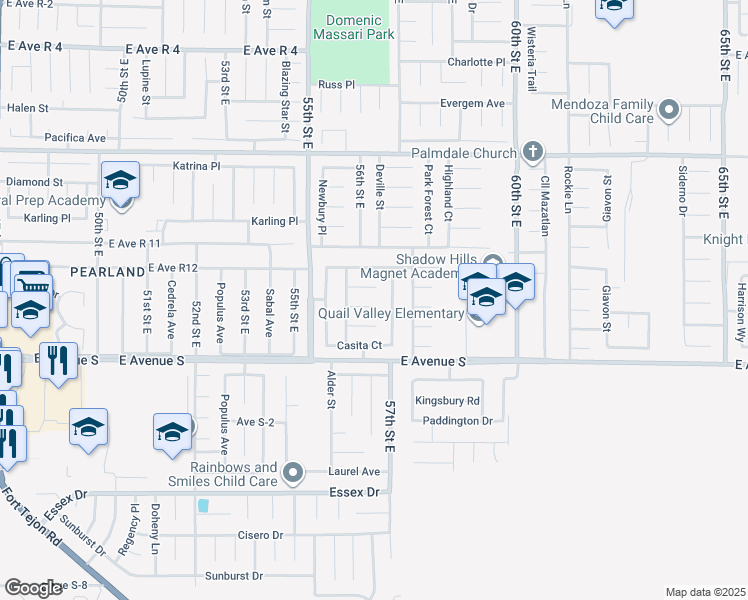 map of restaurants, bars, coffee shops, grocery stores, and more near 5619 Plaza Court in Palmdale