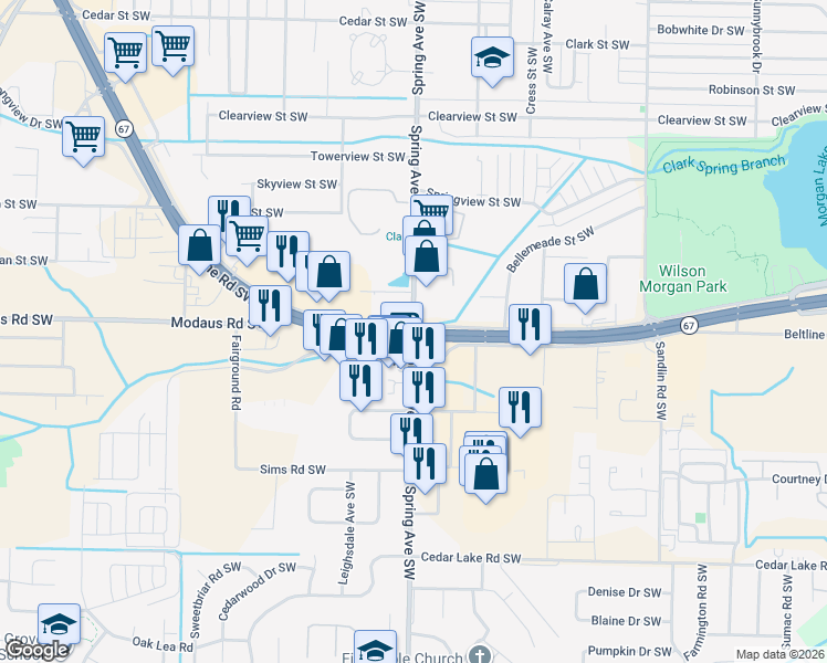 map of restaurants, bars, coffee shops, grocery stores, and more near Beltline Rd SW & Spring Ave SW in Decatur