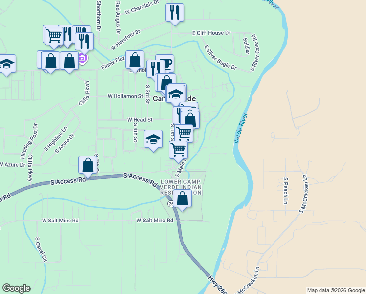 map of restaurants, bars, coffee shops, grocery stores, and more near 628 South Main Street in Camp Verde