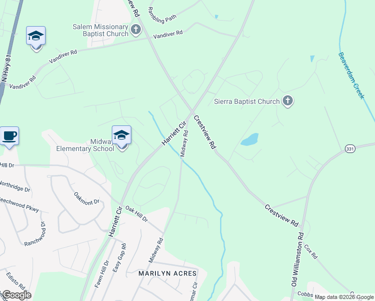 map of restaurants, bars, coffee shops, grocery stores, and more near 3210 Midway Road in Anderson