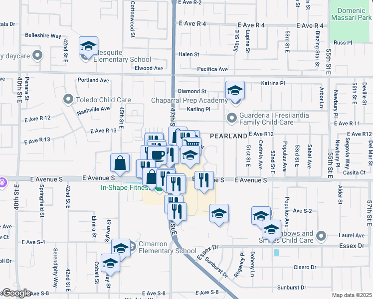 map of restaurants, bars, coffee shops, grocery stores, and more near 4734 Minstrel Drive in Palmdale