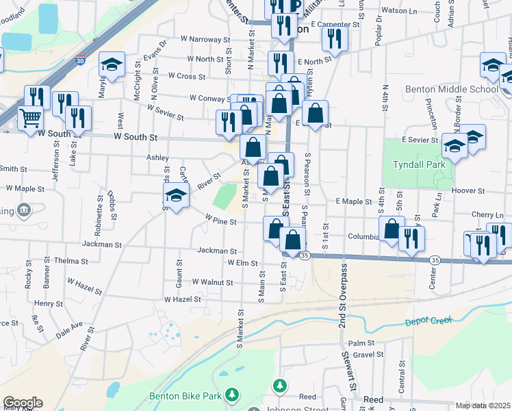 map of restaurants, bars, coffee shops, grocery stores, and more near 112 West Maple Street in Benton